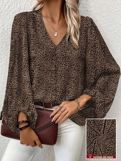 EMERY ROSE Blusa suelta de moda con estampado de leopardo, cuello en V y mangas farol para mujer talla grande, otoño