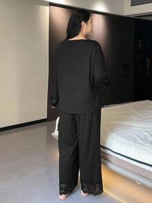 Dazy Plus 2pcs Plus Size Women Loose Contrast Lace Top And Pants Pajama Set, Spring/Autumn, Fall Clothes - Black - View 2