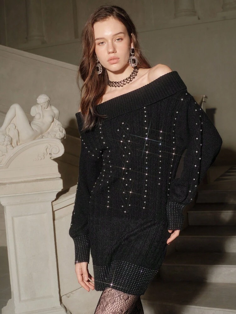Elegant Luxury Rhinestone Embellished Knit Dress, Chic, Suitable For New Year, Casual, Christmas