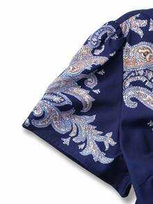 Rafferiza Váy ngắn tay bồng in họa tiết hoa phong cách Bohemian, thắt eo - Xanh đậm - Xem 4