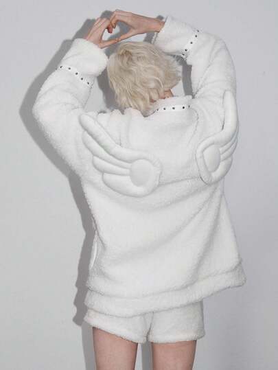 ROMWE Avant Cute Kawaii Angel Wing Decor Faux Fur Jacket For Women