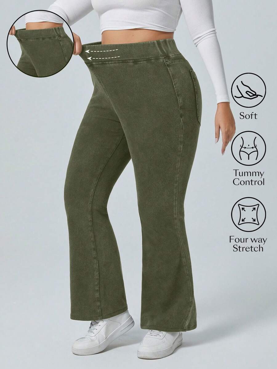 Flexra Plus Size Solid Color Elastic Waist Stretchy Knit Casual Wide Leg Flare Jeans - Army Green - View 1