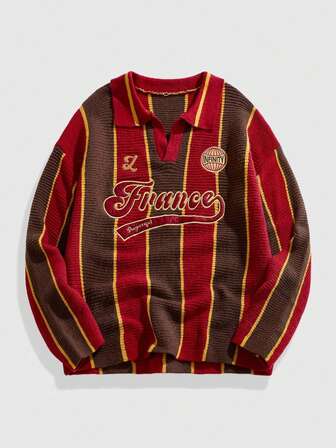 Street Life Men's Retro Football Prep Inspired Collared Knit Sweater, Streetwear Style, Fall Winter