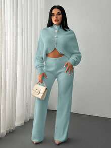 EURMUSE 2 Pieces Ribbed Knit Lounge Set Featuring Asymmetrical Sweater With Decorative Bow Accents And Matching High-Waisted Pants - Mint Green - View 6