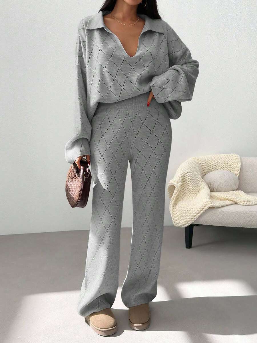 EURMUSE Woman Checkered Jacquard Polo Neck Two Pieces Sweater And Pants Co-Ords - Light Grey - View 1