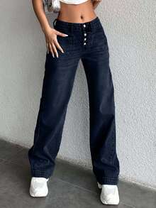 EURMUSE 98%Cotton Women's Low Waist Straight Leg Jeans - Navy Blue - View 6