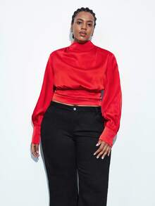 Maija Plus Size Red Summer Elegant Party Blouse,High Neck Puff Lantern Sleeve Backless Tie Top,Christmas Valentine's Day Wedding New Year Fashion Casual - Red - View 3