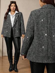 Zelara 大码女式时尚休闲双排扣翻领西装外套 - 黑色 - 查看 2
