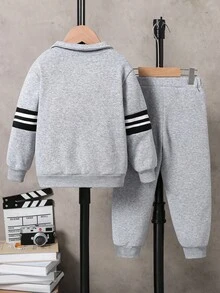 SHEIN Explorewe 2件套男童条纹长袖拉链羊毛夹克和慢跑裤休闲装 - 淺灰色 - 查看 7