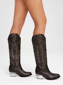 Styleloop Western Cowgirl Embroidered Mid-Calf Boots, Suitable For Summer Vacation, Boho, Music Festival, Party, Halloween, Core - Coffee Brown - View 2