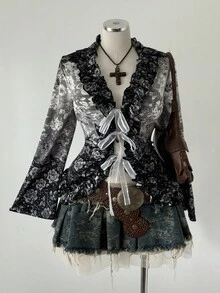 Sunspun 复古浪漫仙女风束腰简约荷叶边下摆长袖修身衬衫 - 黑色 - 查看 6