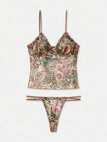 lacRébo Leopard And Floral Print Lingerie Set With Ruched Neckline Top, Keyhole Detail, And Thong Fall Women Clothes Autumn Winter - Multicolor - View 8