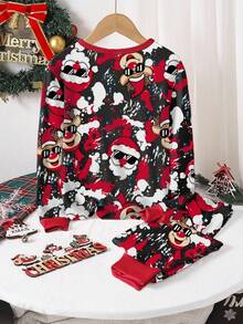 1 Conjunto de pijama de manga larga de ajuste ceñido con cuello redondo y estampado de Papá Noel y ciervos para niños adolescentes, primavera/otoño - Rojo - Ver 2