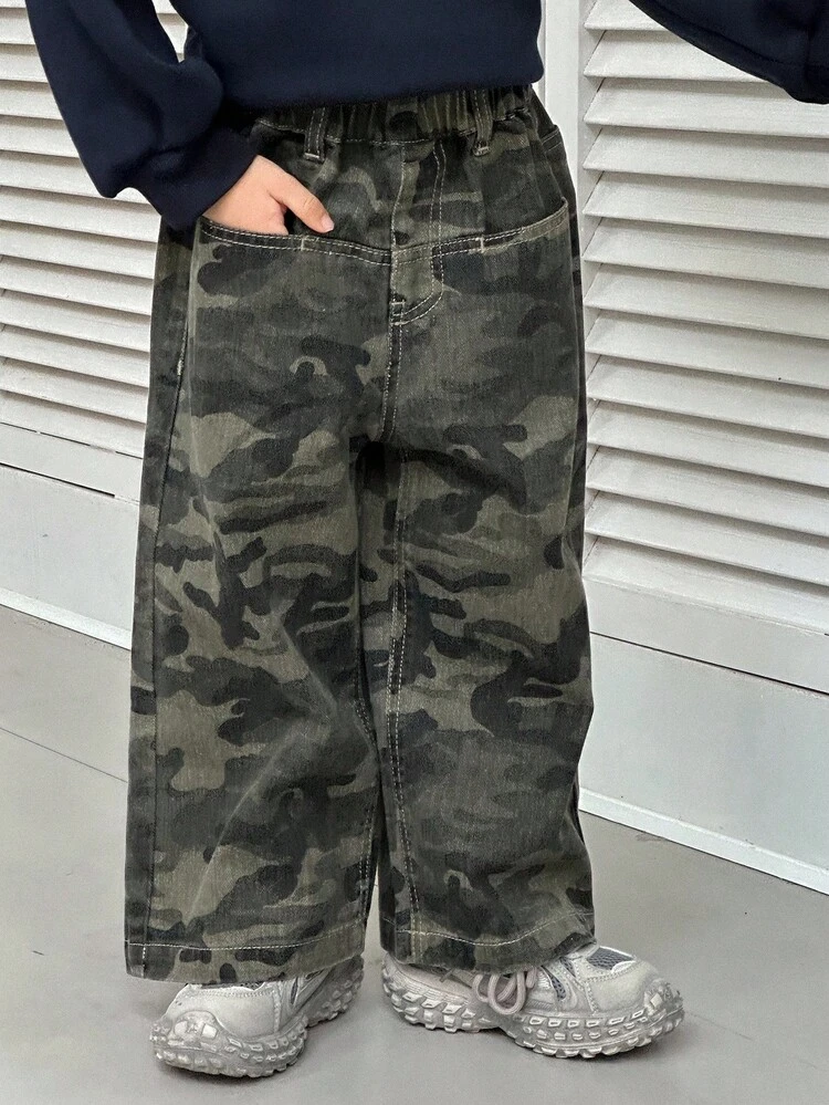 Toddler Boys' Loose Fit Straight Leg Camouflage Jeans, Casual Pants For Fall