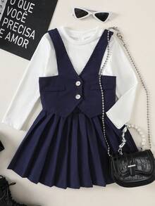 SHEIN Young Girls Comfortable Blue Sleeveless Vest Jacket Paired With White Long Sleeve Casual Undershirt, Pleated Skirt Outfit, Autumn/Winter Fall - Blue - View 2