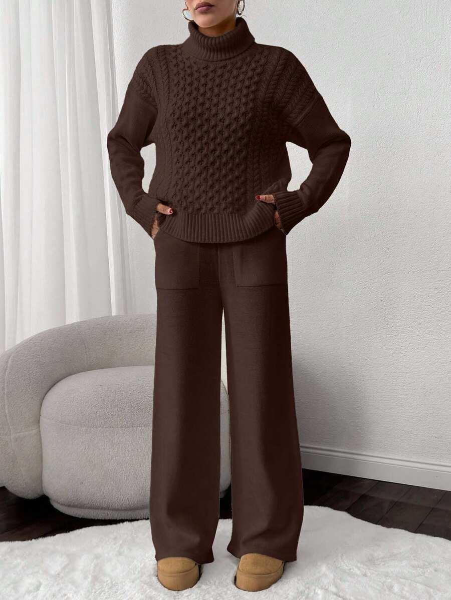 EURMUSE 2pcs Set: Cable Knit Turtleneck Long Sleeve Top And Solid Color Pants - Brown - View 1
