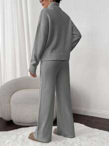 EURMUSE 2pcs Set: Cable Knit Turtleneck Long Sleeve Top And Solid Color Pants - Light Grey - View 2