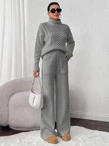 EURMUSE 2pcs Set: Cable Knit Turtleneck Long Sleeve Top And Solid Color Pants - Light Grey - View 3