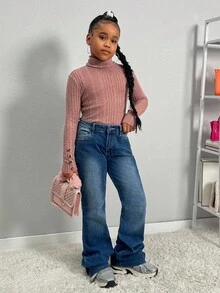 SHEIN SLAYR Tween Girl Tween Girls Brand Promotion - High Neck Ribbed Long Sleeve Knit Top With Buttons 3 Pice Fall Winter - Multicolor - View 5