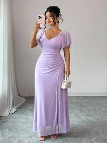 Elenzga 女士淡紫色 V 领荷叶边袖腰部褶皱开衩连衣裙，优雅伴娘礼服，适合婚礼、派对、正式场合 - 淡紫色 - 查看 1