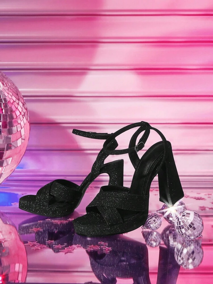 CUCCOO LuxiPop Fashionable Sexy Women's Black High Heel Sandals, Sparkling Thin Strap Combination, Elevated Platform, Waterproof, Suitable For Nightclub, Party, And Banquet