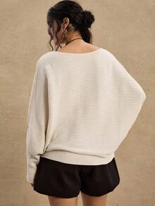 SHEIN VCAY 大码休闲蝴蝶结蝙蝠袖毛衣，秋冬 - 米色 - 查看 2