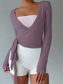 FavEase 粉色瑜伽健身运动高弹柔软裹身V领长袖短款紧身T恤，时尚简约休闲优雅百搭衣橱必备设计，适合女性，春秋季 - 紫色 - 查看 5