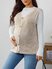 SHEIN 孕妇纯色简约无袖毛衣背心，日常穿着