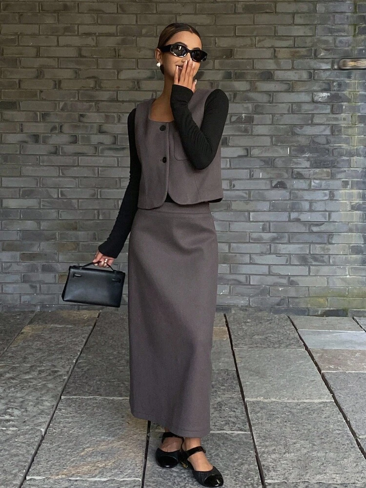 2pcs Women Solid Color Fitted Tank Top & Straight Slit Hem Skirt Casual Elegant Autumn/Winter Set
