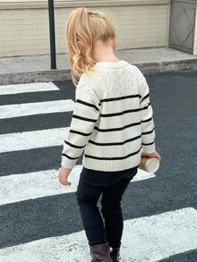 Young Girls Colorblock Striped Crew Neck Long Sleeve Sweater Fall Winter - Multicolor - View 2