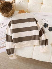 SHEIN Genkimix Kids Áo len dệt kim sọc thời trang cho bé gái tuổi teen - Áo chui đầu ngắn tay dài cổ chữ V màu đen và trắng tương phản, chất liệu dệt kim dày dặn cho phong cách thể thao và đường phố, trang phục học sinh đa năng cho mùa xuân/thu - Nhiều màu - Xem 2