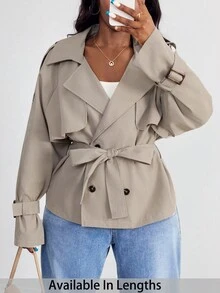 SHEIN PETITE CURVE 秋季大码女式纯色插肩袖翻领休闲风衣 - 卡其色 - 查看 1