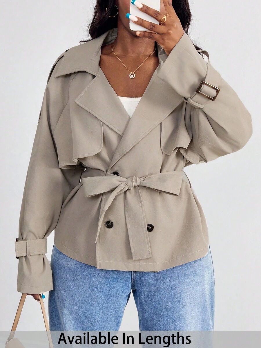 SHEIN PETITE CURVE 秋季大码女式纯色插肩袖翻领休闲风衣 - 卡其色 - 查看 1