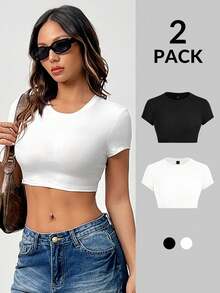 SHEIN PETITE 2pcs Casual Minimalist Style Cropped Black & White 95% Cotton Tank Tops, Versatile For Spring & Summer - Multicolor - View 10