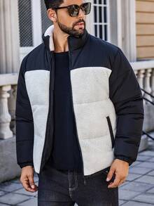 Manfinity CasualCool Men's Patchwork Sherpa Fleece Fabric Casual Loose Comfortable Sports Street Mature Stand Collar Padded Coat, Winter, Fall - Black and White - View 5