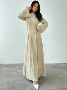 Firerie 女士杏色收腰 A 字长裙，简约百搭，腰部褶皱修身长袖 A 字女士连衣裙，亚麻飘逸长裙，商务休闲装，立领喇叭袖收腰 A 字连衣裙，优雅办公室女士日常连衣裙，春秋季 - 杏色 - 查看 10