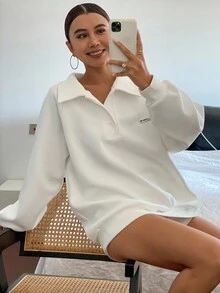 Livesso 纯色宽松马球领长袖女式运动衫，带金属标志，秋季女装 - 白色 - 查看 3