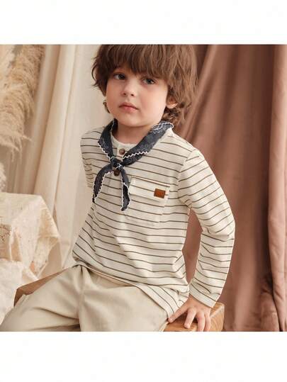 Loomiva 男童彩色条纹圆领长袖半开襟套头衫，纯棉小男孩秋冬衬衫，儿童休闲条纹长袖衬衫