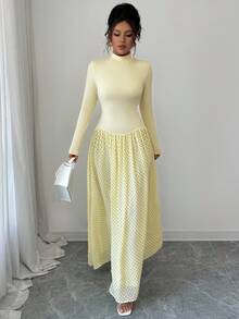 Elenzga Women's Elegant Formal Office Commute Casual Holiday Party Romantic Sicilian Vintage Teacher Autumn Middle Eastern Elastic Knit Polka Dot Sheer Chiffon Lined High Neck Long Sleeve A-Line Midi Dress, Soft Yellow Fall Cloth For Women