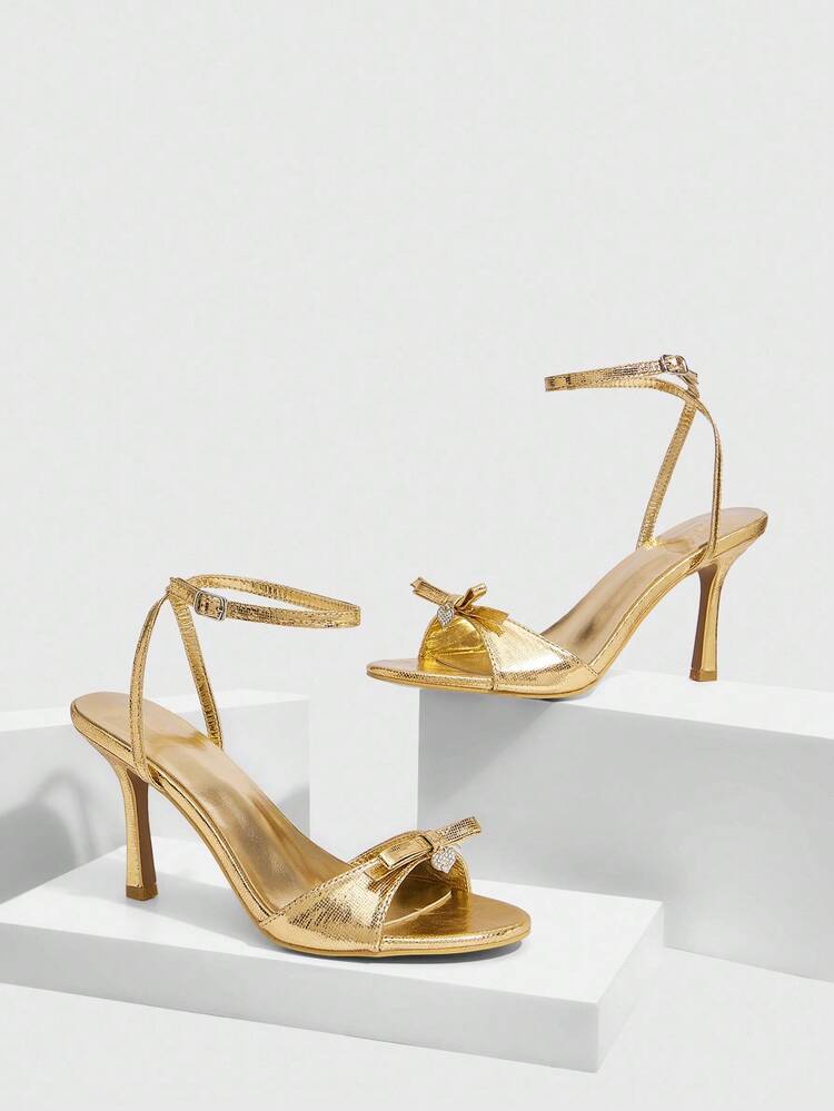 CUCCOO SZL Women's Gold Metal Checkered Heart Rhinestone Decor Strap Ankle Strap Sandals, Fashionable Glamorous Sexy Metallic Round Toe High Heels For Summer