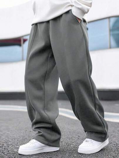 Manfinity Homme 加大码男士纯色休闲街头运动裤，带口袋，宽松直筒休闲裤，男士超大码裤，超大码运动裤，宽松灰色运动裤，男士阔腿运动裤