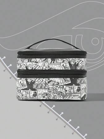 Black Jack X ROMWE 1pc Cosmetic Organizer Bag, Portable Double Layer Travel Toiletry Makeup Pouch