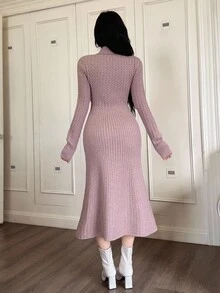 Feyla 女式纯色修身长袖休闲针织毛衣裙，百搭优雅的秋冬女装 - 粉色 - 查看 4