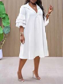 SHEIN CURVE+ Plus Size 2025 New Collection Women Outfit - Rave, Easter, Old Money Style, Country Concert, Going Out, Fairycore, Festival, Tropical Vacation, Suitable For Spring/Summer, Summer Outfits, Rave, European Summer, Spring, Western Wear Plus, Concert, Graduation, Versatile For Daily Commute, Business Casual, Minimalist Casual Beachwear - Layered Ruffle Sleeve Shirt, Asymmetric Hem Midi Dress, Curve Plus, Boho Vacation, Sun Dresses For Women - White - View 6