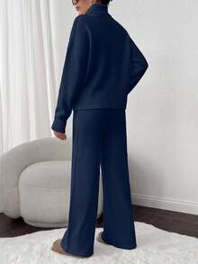 EURMUSE 2pcs Set: Cable Knit Turtleneck Long Sleeve Top And Solid Color Pants - Navy Blue - View 2