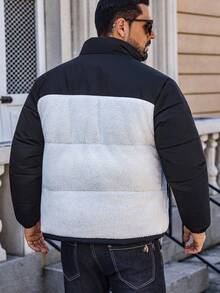 Manfinity CasualCool Men's Patchwork Sherpa Fleece Fabric Casual Loose Comfortable Sports Street Mature Stand Collar Padded Coat, Winter, Fall - Black and White - View 2
