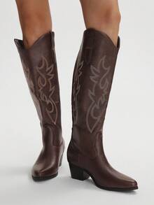 Styleloop Western Cowgirl Boots, Embroidered Riding Boots, Chelsea Boots, Tall Maillard Boots For Women, Suitable For Halloween, Christmas, Autumn Outfits, Western Boots, Core - Coffee Brown - View 3
