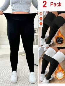 Solflare 2pcs/Set Plus Size Women Solid Color High Stretch Thick Leggings - Black - View 1