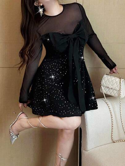 Vibekara Vestido mini ajustado de malla con parches y lentejuelas sexy y picante para mujer de talla grande en otoño/invierno