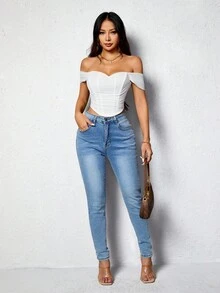 SHEIN PETITE Áo trễ vai màu trơn có khóa kéo sau lưng cho nữ, áo trễ vai tay thường, không đối xứng, nhún bèo, khóa kéo, áo nữ màu trắng trơn, trang phục xuân/hè, tiệc tùng/hộp đêm - trắng - Xem 4